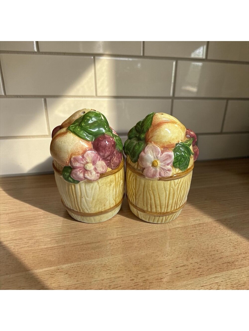Wang's Fruit Barrel Strawberry Peach Cherry Blossoms Salt Pepper Shakers Set